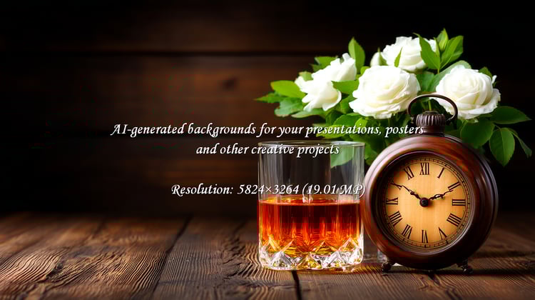 Evoke timeless elegance with this scene featuring whiskey, roses, and a vintage clock. Perfect for upscale lifestyle campaigns, bar promotions, or sophisticated celebrations. Capture classic charm!