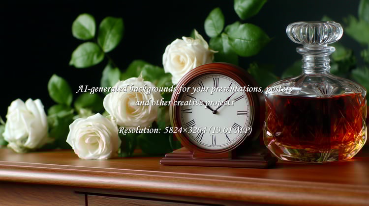 Timeless elegance with a vintage clock, crystal decanter, and white roses. Evokes sophistication and beauty, perfect for luxury lifestyle, home decor, and special occasions. A refined touch.