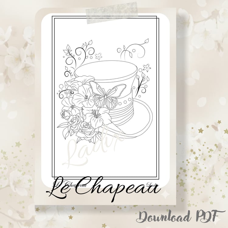Le Chapeau Coloring Page – Adult Coloring PDF, Printable Art, Instant Download, Poetic Illustration, Relaxing Creativity