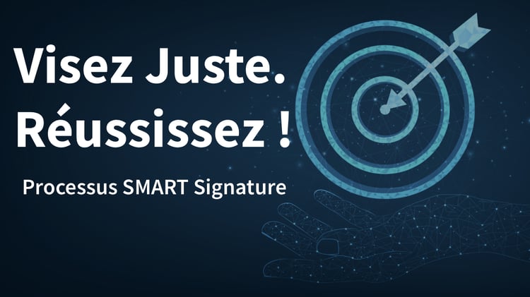 Vignette de la formation Processus SMART Signature : Visez Juste. Réussissez ! Image d'une main tenant une cible avec une flèche en plein centre.