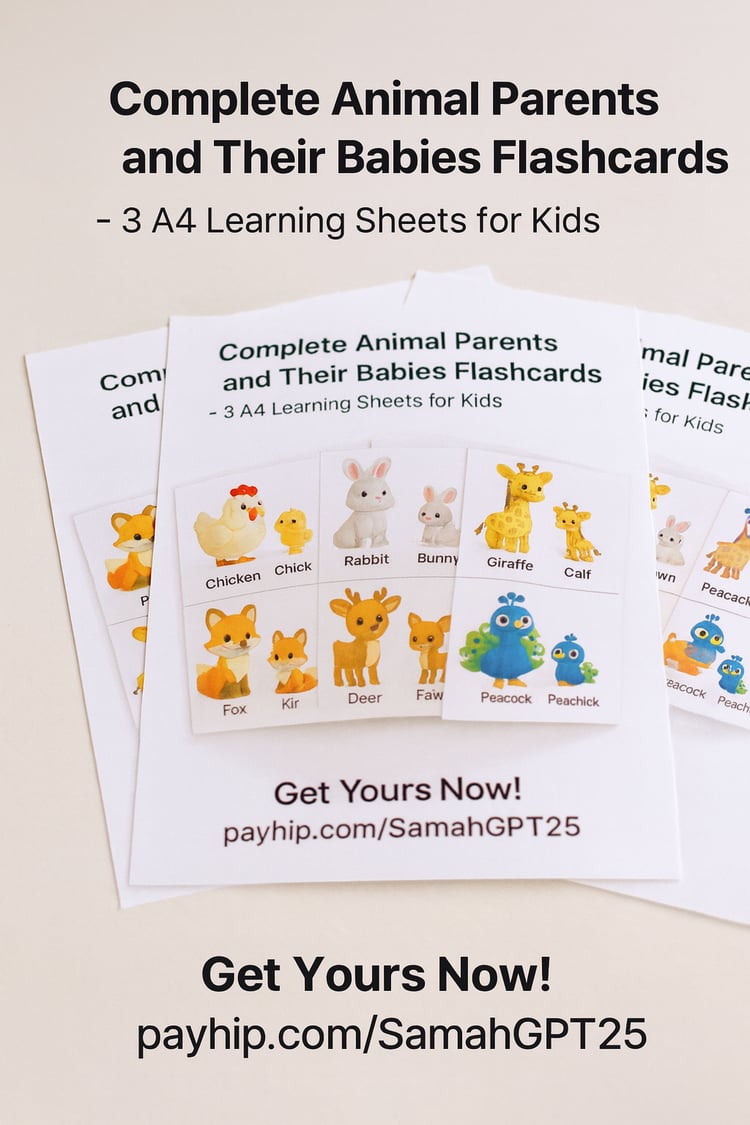 Complete Animal Parents and Their Babies Flashcards – 3 A4 Learning Sheets for Kids