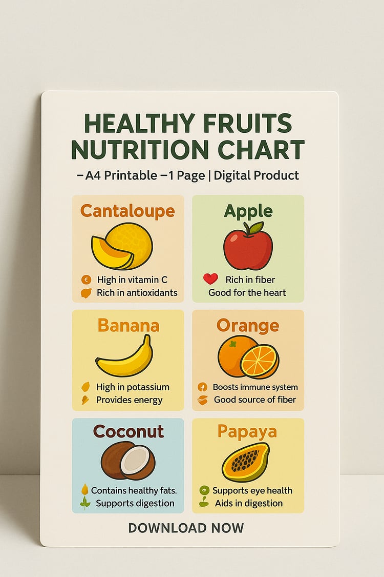 Healthy Fruits Nutrition Chart – A4 Printable - 1 page