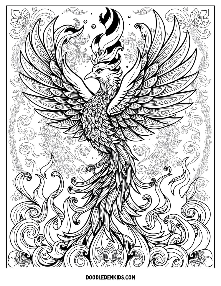 Phoenix Colouring Griffin Coloring Page for Adults – Majestic Cliff Scene Fantasy Line ...
