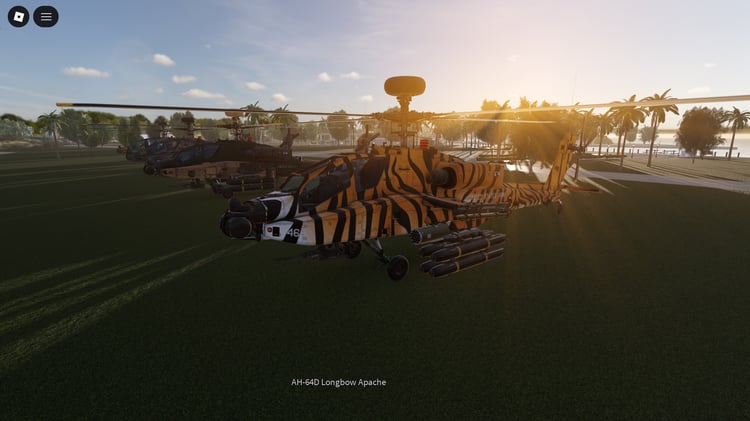 Armed military helicopter hovering in Roblox environment