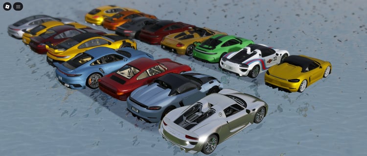 Roblox Porsche vehicle pack with multiple high-detail sports cars
