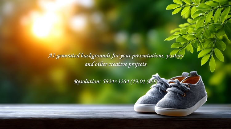 Capture the innocence of childhood with this heartwarming scene. Tiny baby shoes rest on a wooden surface, bathed in soft sunlight filtering through lush green leaves. Perfect for baby announcements or family lifestyle content.