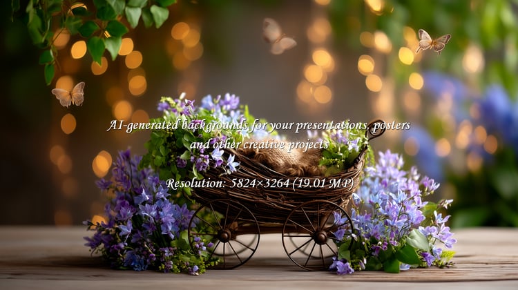 Capture the magic of newborn memories! This enchanting floral carriage scene creates heartwarming family moments and timeless baby photography in a soft, bokeh-lit fairy garden.