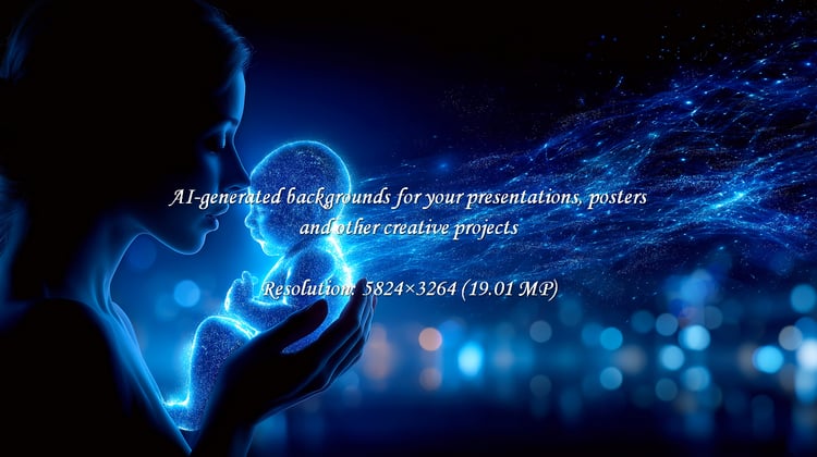 A serene and futuristic scene of a glowing newborn held by a mother, bathed in blue light. Evokes feelings of love, protection, and new beginnings, perfect for medical, scientific, or family-oriented campaigns.