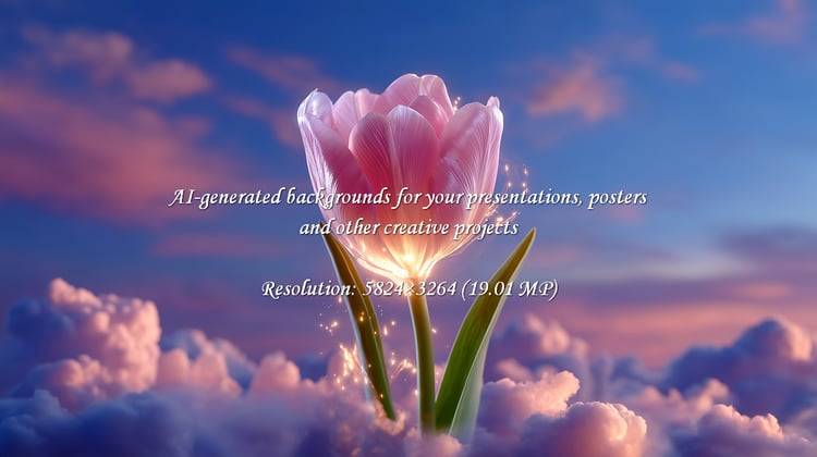 A single pink tulip blooms ethereally among soft clouds under a blue sky, radiating a magical light. Its delicate beauty evokes feelings of hope and peacefulness, perfect for adding a touch of enchantment.