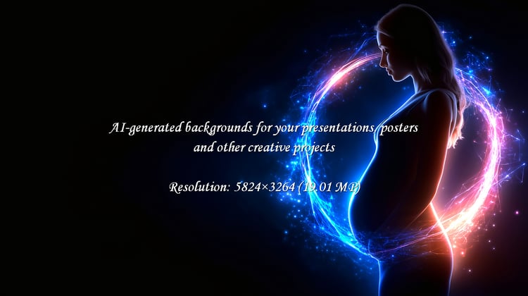 A radiant pregnant woman's silhouette glows with futuristic neon energy, symbolizing the magic and hope of new life. Perfect for conveying themes of maternity, family, and the beauty of creation.