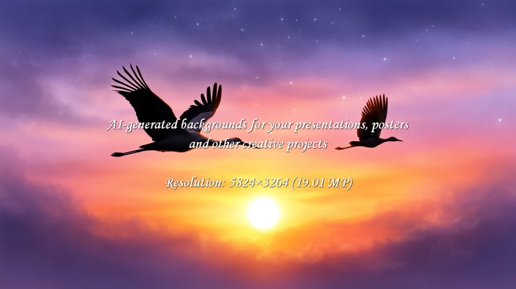 Experience the tranquility of two cranes in graceful flight at sunset. This serene scene evokes peace and wonder, ideal for nature, travel, or wildlife themed projects. A beautiful, calming vista.