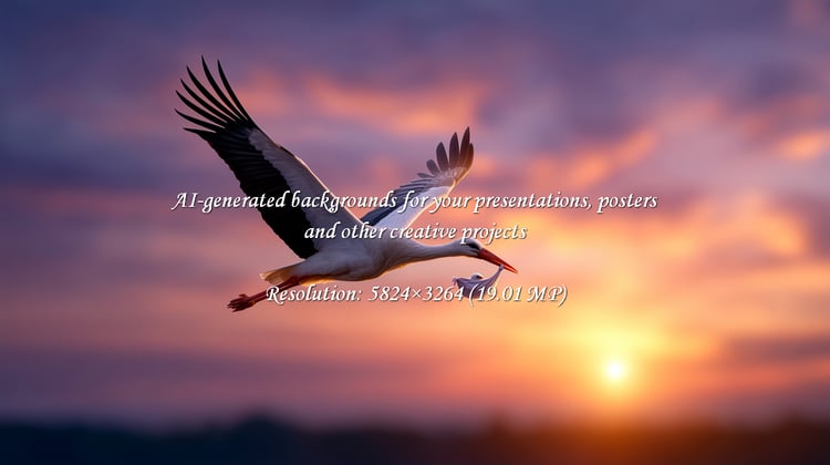 A stork gracefully flies through a stunning sunset, carrying a newborn baby, symbolizing new beginnings and the wonder of life. Perfect for heartfelt narratives and touching announcements.