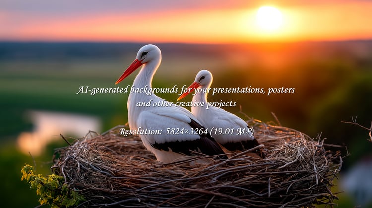 Two storks nestling serenely against a vibrant sunset, radiating peace and natural beauty. Perfect for nature lovers, conservation themes, or evocative travel stories of the European countryside.