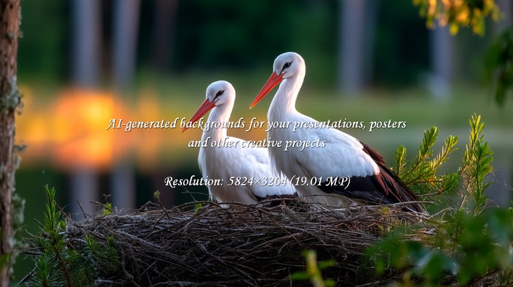 Witness the serene beauty of two storks nesting at sunset. Ideal for conservation efforts, wildlife publications, and ecological projects, capturing a tranquil moment in their natural habitat.