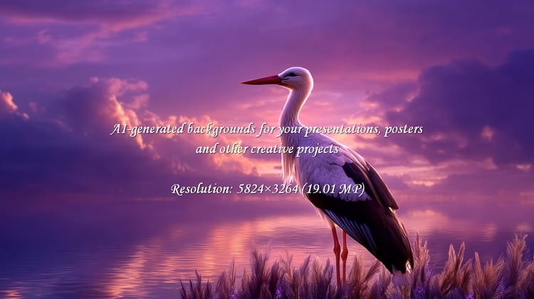 A serene stork stands gracefully by the water's edge as the sun sets, casting a tranquil purple glow. Capture the beauty and elegance of nature in this peaceful wildlife moment.
