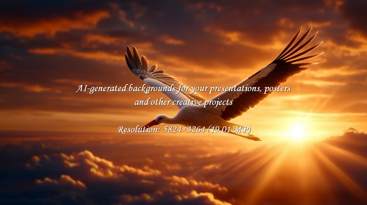 A serene moment as a stork gracefully flies through a breathtaking sunset. Golden light paints the sky, creating a sense of peace and wonder. Perfect for projects needing a touch of natural beauty.
