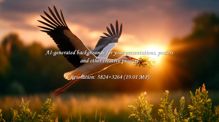 Witness the beauty of nature as a stork gracefully flies at sunset, carrying nesting material. A symbol of new beginnings, family, and the promise of spring, set against a serene landscape.