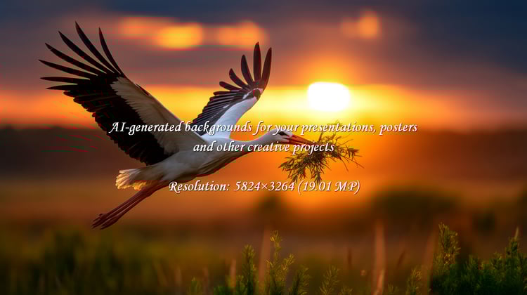 Witness a stunning stork in flight, carrying nesting material against a vibrant sunset. Evokes themes of new beginnings, nature's beauty, and the cycle of life in a warm, golden light.