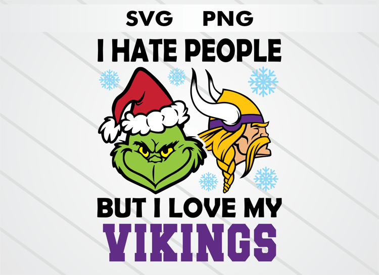 Grinch head illustration with Minnesota Vikings logo and text “I HATE PEOPLE BUT I LOVE MY VIKINGS.” High-quality SVG and PNG for Christmas crafts, sublimation, DTF, and cutting machines