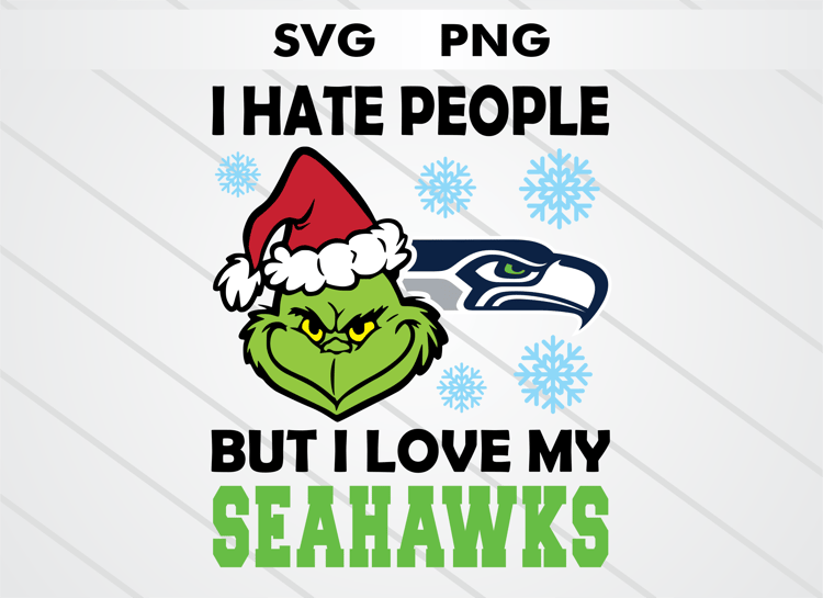 Grinch head illustration with Seattle Seahawks logo and text “I HATE PEOPLE BUT I LOVE MY SEAHAWKS.” High-quality SVG and PNG for Christmas crafts, sublimation, DTF, and cutting machines