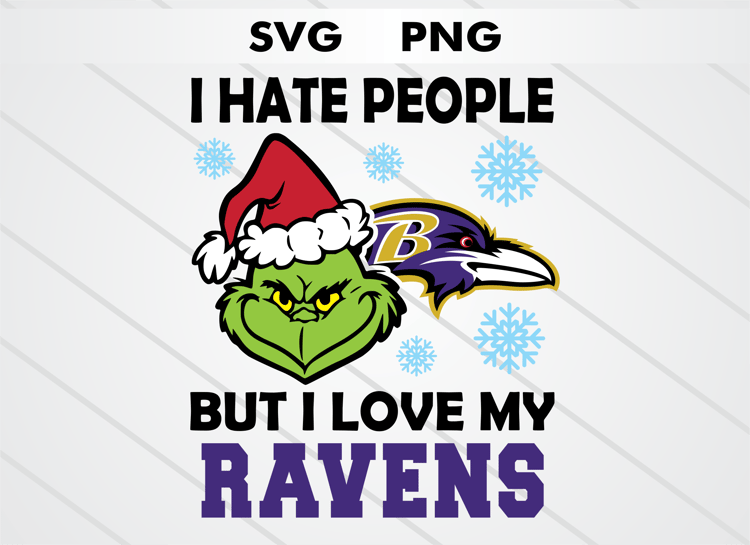 Grinch head illustration with Baltimore Ravens logo and text “I HATE PEOPLE BUT I LOVE MY RAVENS.” High-quality SVG and PNG for Christmas crafts, sublimation, DTF, and cutting machines