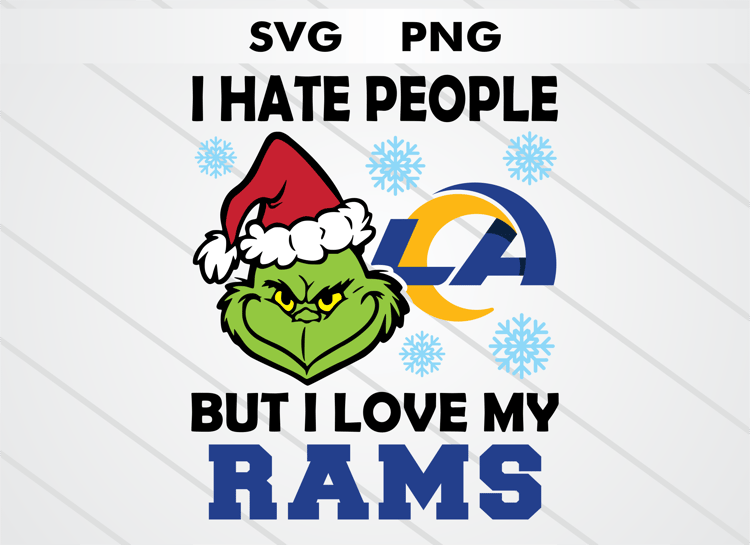 Grinch head illustration with Los Angeles Rams logo and text “I HATE PEOPLE BUT I LOVE MY RAMS.” High-quality SVG and PNG for Christmas crafts, sublimation, DTF, and cutting machines