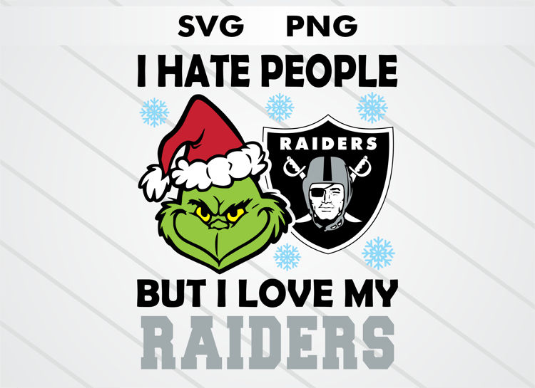 Grinch head illustration with Las Vegas Raiders logo and text “I HATE PEOPLE BUT I LOVE MY RAIDERS.” High-quality SVG and PNG for Christmas crafts, sublimation, DTF, and cutting machines