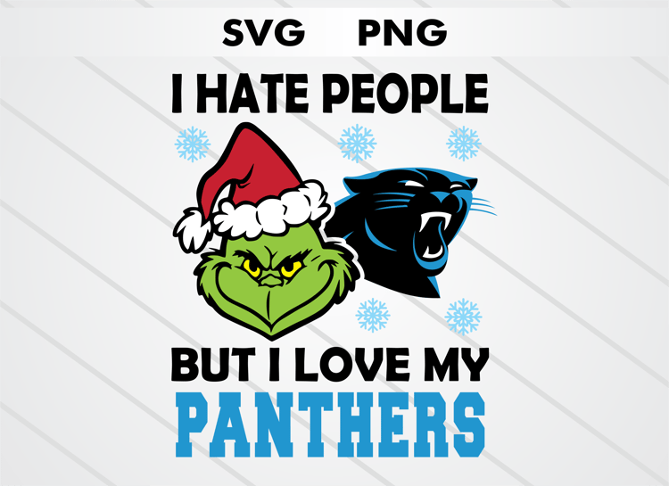 Grinch head illustration with Carolina Panthers logo and text “I HATE PEOPLE BUT I LOVE MY PANTHERS.” High-quality SVG and PNG for Christmas crafts, sublimation, DTF, and cutting machines