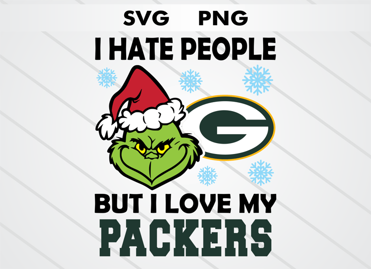 Grinch head illustration with Green Bay Packers logo and text “I HATE PEOPLE BUT I LOVE MY PACKERS.” High-quality SVG and PNG for Christmas crafts, sublimation, DTF, and cutting machines