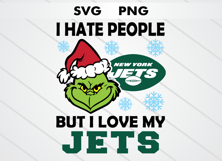 Grinch head illustration with New York Jets logo and text “I HATE PEOPLE BUT I LOVE MY JETS.” High-quality SVG and PNG for Christmas crafts, sublimation, DTF, and cutting machines
