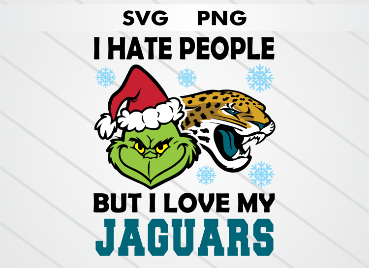 Grinch head illustration with Jacksonville Jaguars logo and text “I HATE PEOPLE BUT I LOVE MY JAGUARS.” High-quality SVG and PNG for Christmas crafts, sublimation, DTF, and cutting machines.