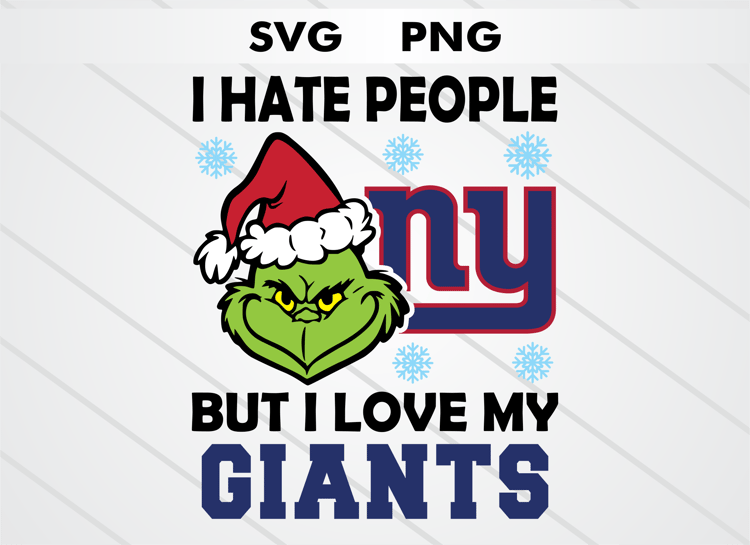 Grinch head illustration with New York Giants logo and text “I HATE PEOPLE BUT I LOVE MY GIANTS.” High-quality SVG and PNG for Christmas crafts, sublimation, DTF, and cutting machines