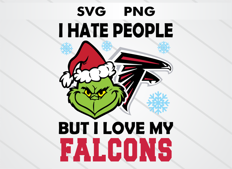 Grinch head illustration with Atlanta Falcons logo and text “I HATE PEOPLE BUT I LOVE MY FALCONS.” High-quality SVG and PNG for Christmas crafts, sublimation, DTF, and cutting machines