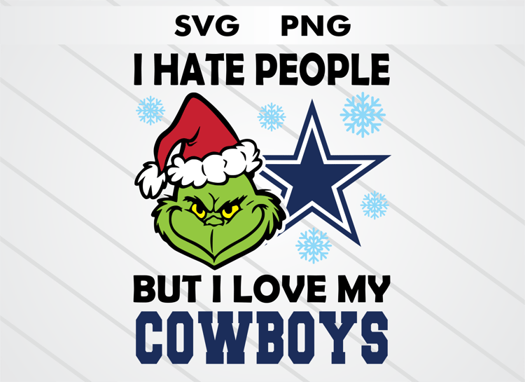 Grinch head illustration with Dallas Cowboys logo and text “I HATE PEOPLE BUT I LOVE MY COWBOYS.” High-quality SVG and PNG for Christmas crafts, sublimation, DTF, and cutting machines