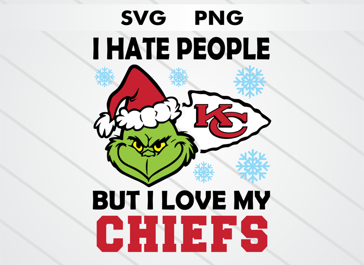 Grinch head illustration with Kansas City Chiefs logo and text “I HATE PEOPLE BUT I LOVE MY CHIEFS.” High-quality SVG and PNG for Christmas crafts, sublimation, DTF, and cutting machines