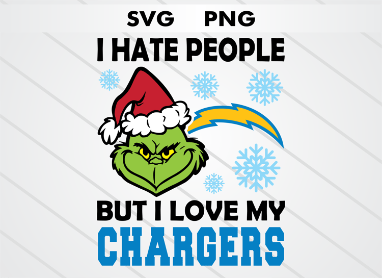 Grinch head illustration with Los Angeles Chargers logo and text “I HATE PEOPLE BUT I LOVE MY CHARGERS.” High-quality SVG and PNG for Christmas crafts, sublimation, DTF, and cutting machines