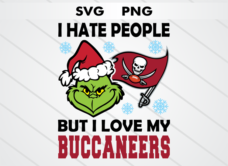 Grinch head illustration with Tampa Bay Buccaneers logo and text “I HATE PEOPLE BUT I LOVE MY BUCCANEERS.” High-quality SVG and PNG for Christmas crafts, sublimation, DTF, and cutting machines