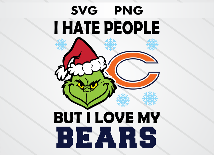 Grinch head illustration with Chicago Bears logo and text “I HATE PEOPLE BUT I LOVE MY BEARS.” High-quality SVG and PNG for Christmas crafts, sublimation, DTF, and cutting machines