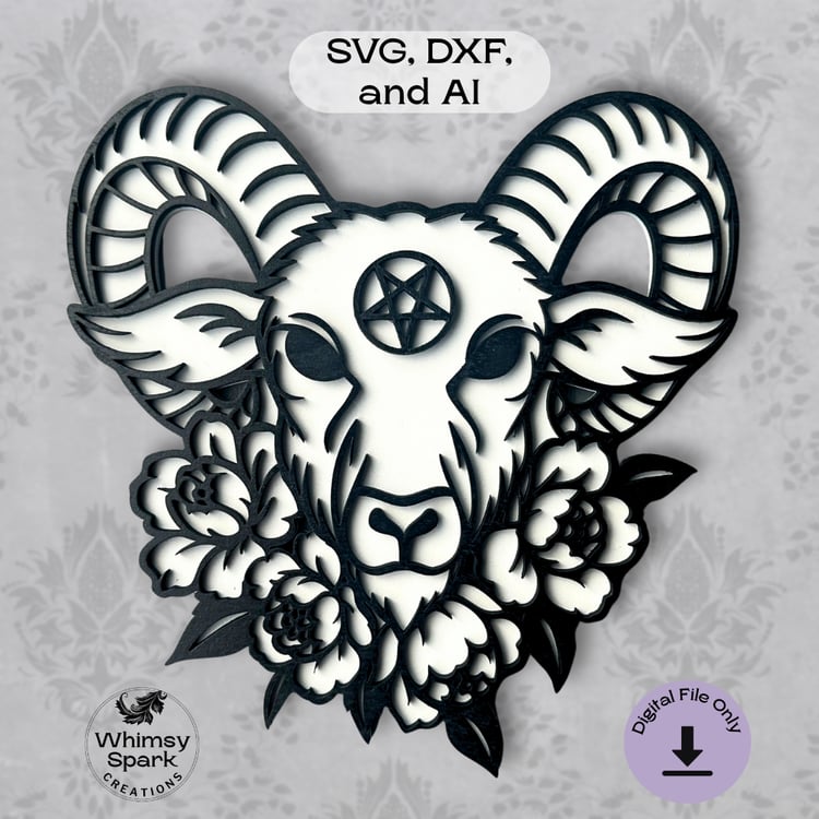 Layered Baphomet-style goat head design with curved horns and gothic floral accents, shown in stacked black and white laser cut layers.