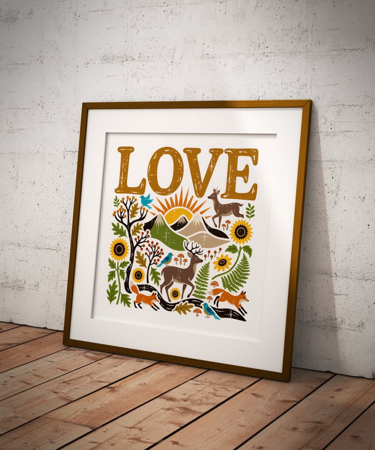 ai-generated-wall-art-nature-print-deers-bird-sun-trees