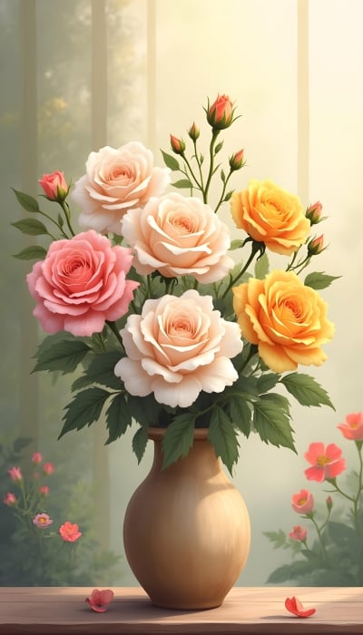 A wallpaper of digital art of bouquet of colorful roses in a vase - Ai Generated