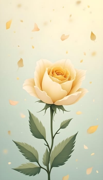 A wallpaper of digital art of white rose surrounded by falling petals | Ai Generated