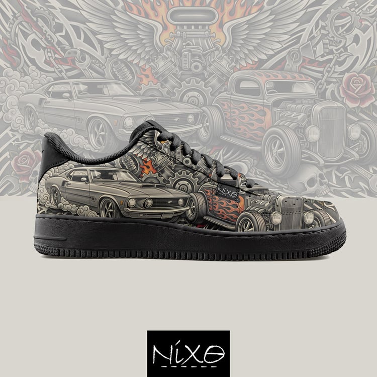 Detailed Hot Rod and Muscle Car Tattoo Art 16:9 design for printing on custom sneakers.