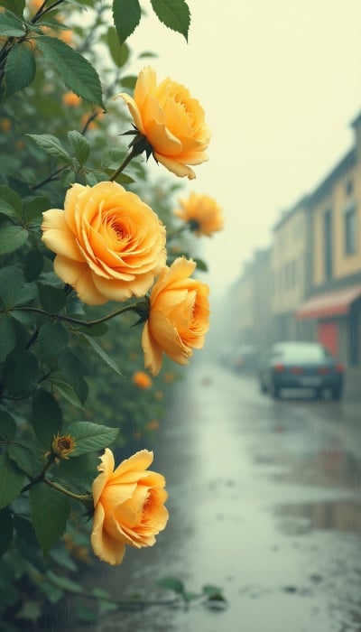 Yellow roses flower plants on side of road in a rain | Ai Generated