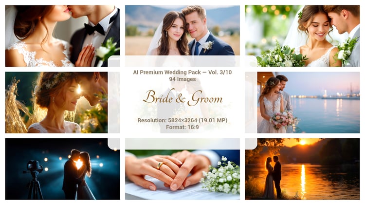 A premium AI-generated collection of 94 high-quality images featuring wedding couples — brides and grooms. Perfect for wedding projects, invitations, posters, branding, and commercial visuals. Each image captures romance, style, and the special atmosphere