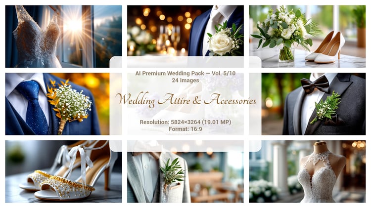 A premium AI-generated collection of 24 high-quality images featuring wedding attire and accessories. Includes women’s dresses, men’s tuxedos, and women’s shoes. Perfect for wedding projects, invitations, posters, branding, and commercial visuals. Each im