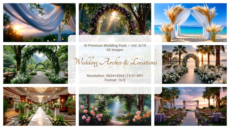 A premium AI-generated collection of 66 high-quality images featuring wedding arches and locations. Includes romantic floral arches, ceremony setups, decorative wedding spaces, and atmospheric photoshoot spots. Perfect for wedding projects, invitations, p