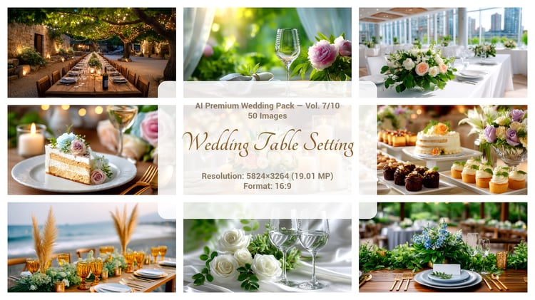 A premium AI-generated collection of 50 high-quality images featuring wedding table settings. Includes elegant compositions with plates, cutlery, glasses, candles, florals, textiles, and decorative elements. Perfect for wedding projects, invitations, menu