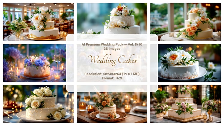 A premium AI-generated collection of 38 high-quality images featuring elegant wedding cakes. Includes modern, classic, single-tier, and multi-tier cakes decorated with florals, cream textures, and refined details. Perfect for wedding projects, menus, bran