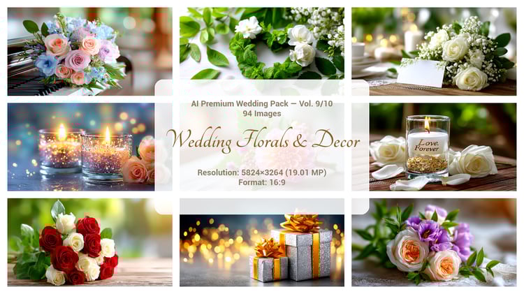 A premium AI-generated collection of 94 high-quality images featuring wedding florals and decorative elements